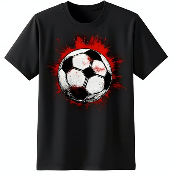 Eye Catching Black T-Shirt with White Soccer Ball Graphic & Red Splash Design