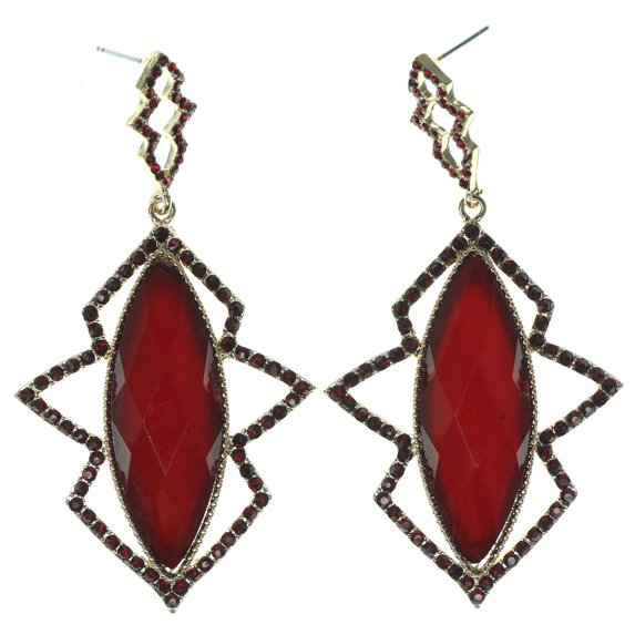 Eye Catching Gold-Tone Dangle Earrings Deep Red Faceted Accents