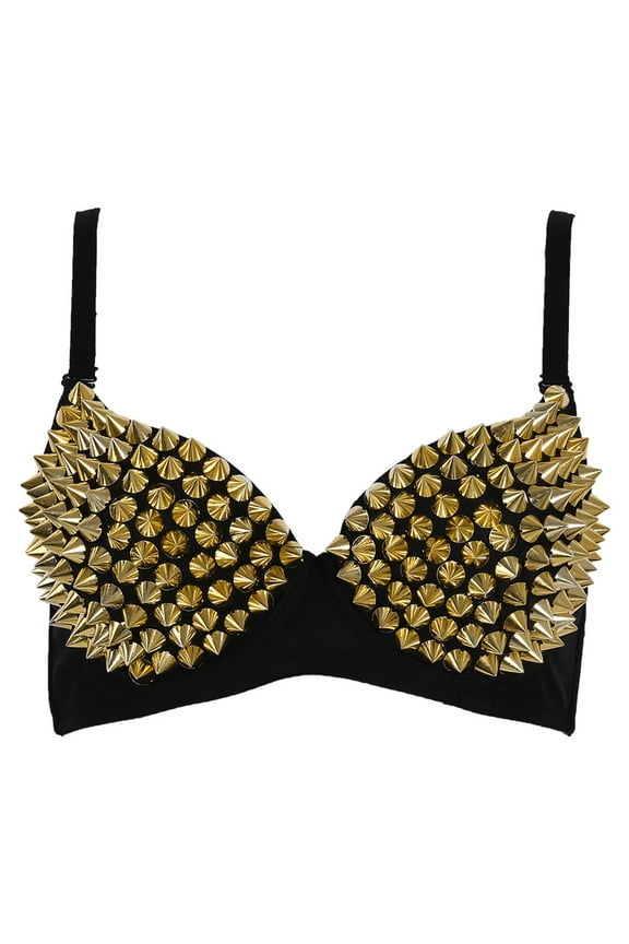 Eye Catching Metallic Rivet Studded Underwire Punk Rave Party Bra Strappy Bra Suitable for Various Occasion