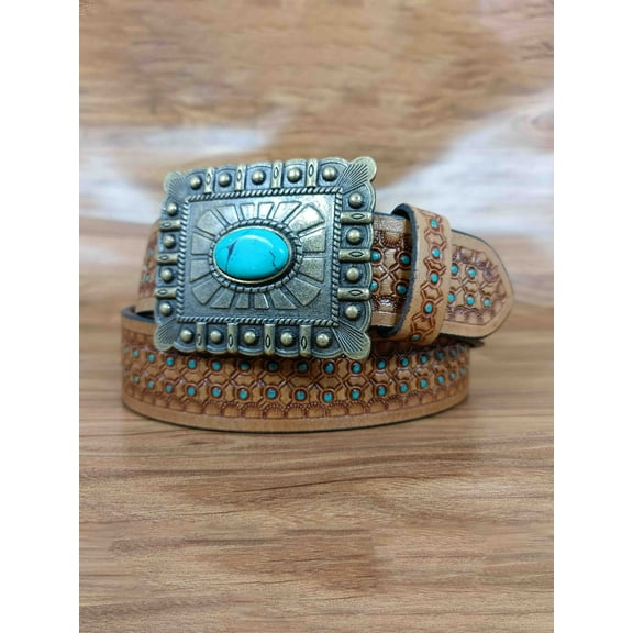 Eye-Catching Turquoise Stone Pattern Tooled Western Belt