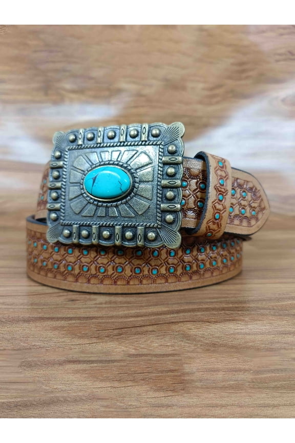 Eye-Catching Turquoise Stone Pattern Tooled Western Belt