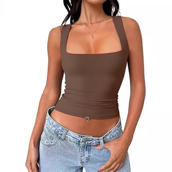 Eye Catching Women's Sleeveless Fitted Top with Unique Square Neck Stylish Vest Polyester Casual Wear for a Trendy Look