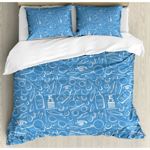 Eye Chart Duvet Cover Set, Hand Drawn Shapes and Group of Optometry for Correct Vision Print, Decorative 3 Piece Bedding Set with 2 Pillow Shams, King Size, Azure Blue White, by Ambesonne