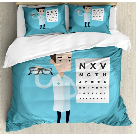 Eye Chart Duvet Cover Set, Male Doctor Holding Glasses with an Eye Chart on the Background, Decorative 3 Piece Bedding Set with 2 Pillow Shams, King Size, Sea Blue and Multicolor, by Ambesonne
