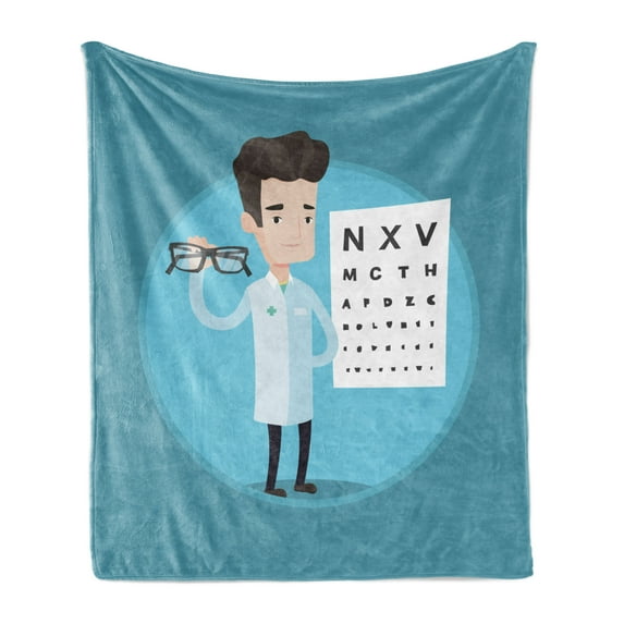 Eye Chart Soft Flannel Fleece Throw Blanket, Male Doctor Holding Glasses with an Eye Chart on the Background, Cozy Plush for Indoor and Outdoor Use, 60" x 80", Sea Blue and Multicolor, by Ambesonne