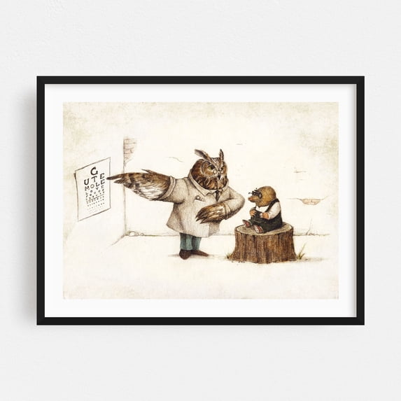 Eye Doctor - Drawing Humor Surrealism Vintage Illustration Fantasy Quote Black Framed Wall Art Print 5 x 7 inches