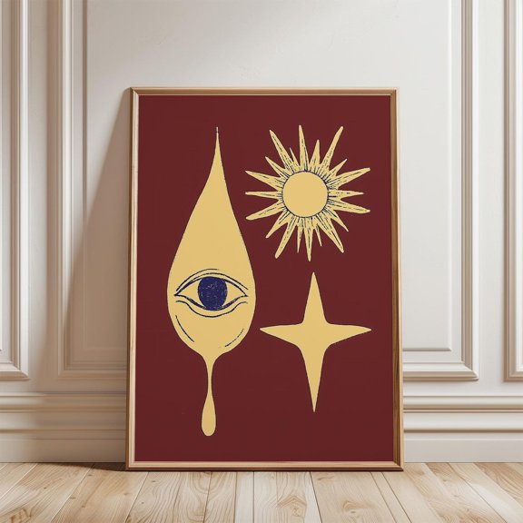 Eye Drop Stars Sun Abstract Mid Century Modern Art Print Boho Wall Decor, Stretched Canvas 8x10in
