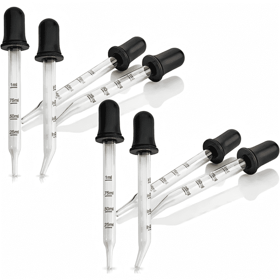 8 Pack, 1 mL Glass Eye Dropper with Measurement - Bent & Straight Tip Calibrated Glass Medicine Droppers, Accurate Dose Pipette Dropper for Essential Oils, Feeding, Ear, Lab, Health Care