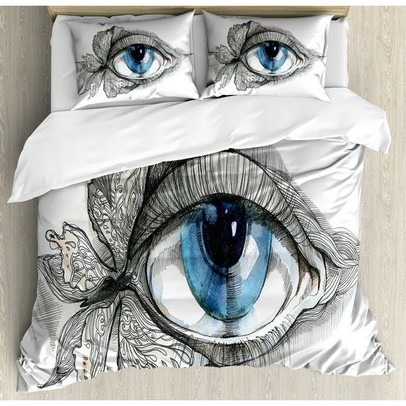 Eye Duvet Cover Set, Abstract Human Eye with Butterfly Eyelashes Painting Style Dreamy Female Look, Decorative 3 Piece Bedding Set with 2 Pillow Shams, Queen Size, Black White Blue, by Ambesonne
