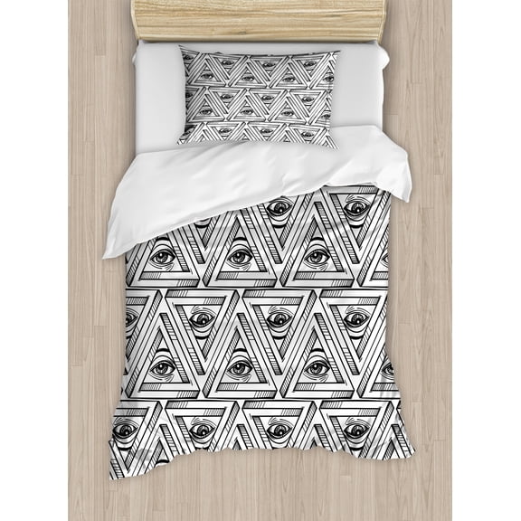 Eye Duvet Cover Set, All Seeing Eye Pattern in Pyramidal Shapes Occult Boho Illustration Print, Decorative 2 Piece Bedding Set with 1 Pillow Shams, Twin Size, White and Black, by Ambesonne