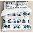 thumbnail image 1 of Eye Duvet Cover Set, Cartoon Style Eyes Various Different Expressions Emoticons Humorous Funny, Decorative 3 Piece Bedding Set with 2 Pillow Shams, Queen Size, Pale Blue Black White, by Ambesonne, 1 of 3