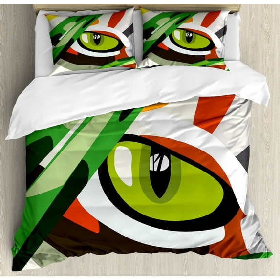Eye Duvet Cover Set King Size, Wild Feline Cat Tiger Eye Behind Bushes Abstract Nature Dangerous Predator Vibrant Art, Decorative 3 Piece Bedding Set with 2 Pillow Shams, Multicolor, by Ambesonne