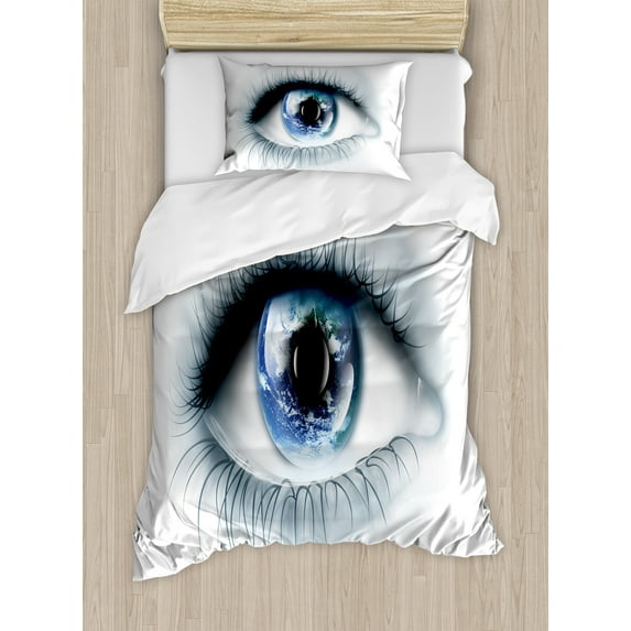 Eye Duvet Cover Set, Planet Earth Reflected in Vivid Eye Universe Global Unity Imagination Future, Decorative 2 Piece Bedding Set with 1 Pillow Shams, Twin Size, Black White Blue, by Ambesonne