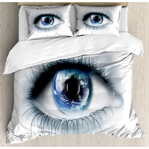 Eye Duvet Cover Set, Planet Earth Reflected in Vivid Eye Universe Global Unity Imagination Future, Decorative 3 Piece Bedding Set with 2 Pillow Shams, King Size, Black White Blue, by Ambesonne