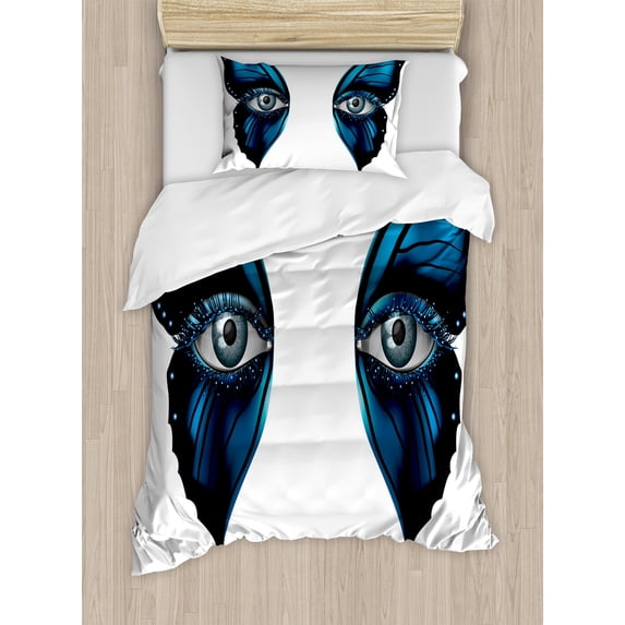 Eye Duvet Cover Set, Realistic Female Eye on Butterfly Wings Makeup Masquerade, Decorative 2 Piece Bedding Set with 1 Pillow Shams, Twin Size, Blue Black White, by Ambesonne
