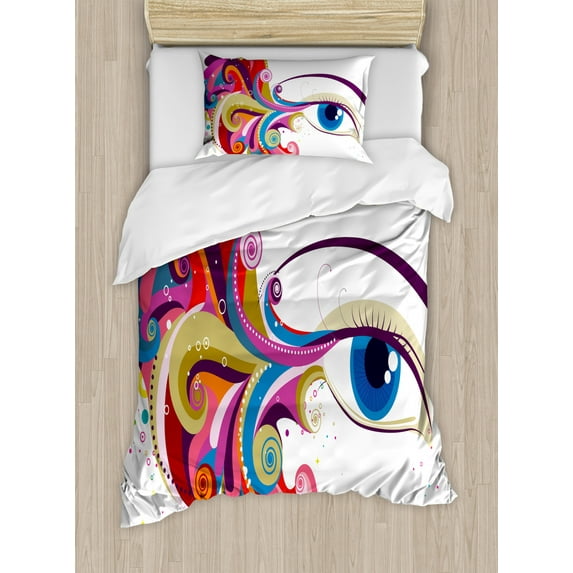 Eye Duvet Cover Set Twin Size, Abstract Artwork Woman's Eye Colorful Vibrant Swirls Dots Curvy Lines Feminine Vision, Decorative 2 Piece Bedding Set with 1 Pillow Sham, Multicolor, by Ambesonne