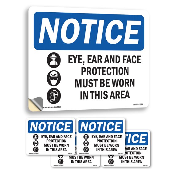Eye Ear And Face Protection With Symbol OSHA Notice Vinyl Decal Label 18 Inch x 12 Inch - 5 Pack