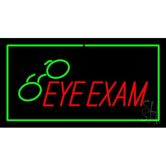 Eye Exam with Green Border LED Neon Sign 20 x 37 - inches, Black Square Cut Acrylic Backing, with Dimmer - Bright and Premium built indoor LED Neon Sign for Defence Force.
