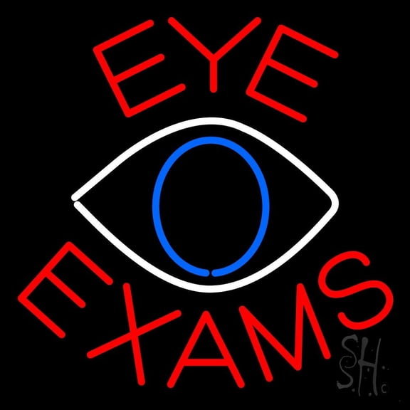 Eye Exams With Eye Logo LED Neon Sign 24 x 24 - inches, Black Square Cut Acrylic Backing, with Dimmer - Bright and Premium built indoor LED Neon Sign for Defence Force.