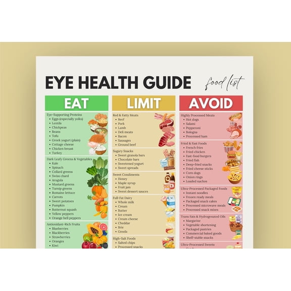 Eye Health Guide Food List Poster, Vision Support Diet Sheet Poster, Lutein Vitamin A Grocery Guide Poster