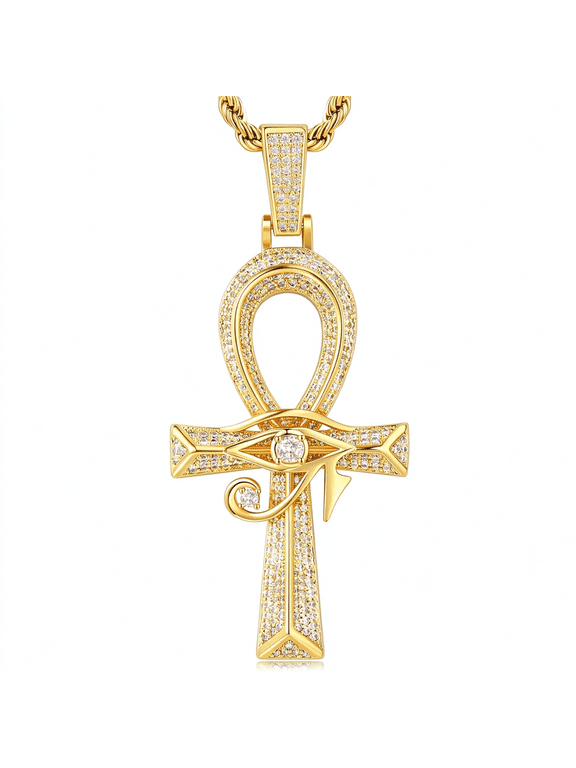 Eye of Horus Ankh Cross Pendant Necklace 18K White Gold Plated Iced Out CZ Bling Ancient Egyptian Religious Symbol Protection Chain Jewelry for Men Women Christmas Birthday Gift