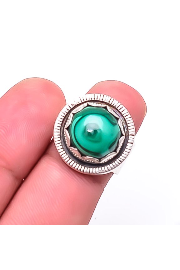 Eye In Malachite -Congo Designer Handmade Oxidised 925 Silver Plated Ring s.6, Green Malachite Ring R_9447_218_16