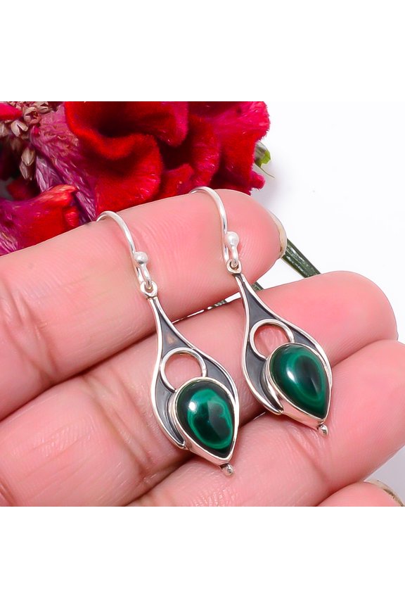 Eye In Malachite - Congo Oxidised 925 Sterling Silver Earring 1.72" Sku38, Handmade Jewelry, Dangle Earring