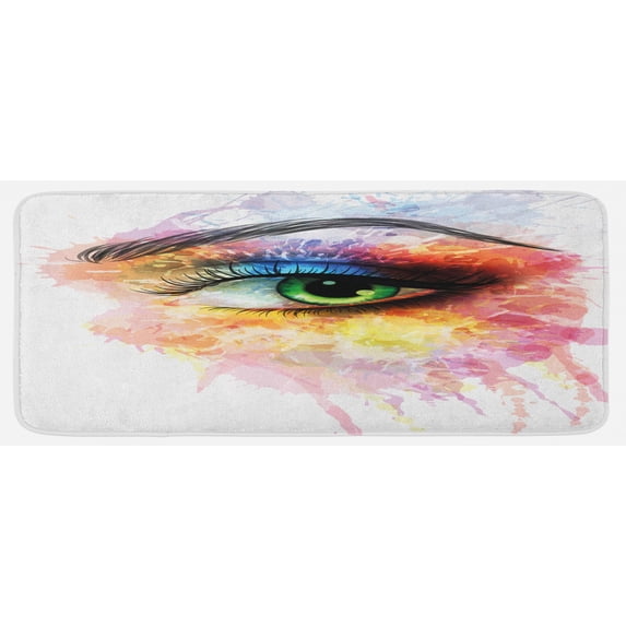 Eye Kitchen Mat, Young Woman's Eye with Colorful Paint Splashes Grunge Hand Drawn Print, Plush Decorative Kitchen Mat with Non Slip Backing, 47" X 19", Multicolor, by Ambesonne