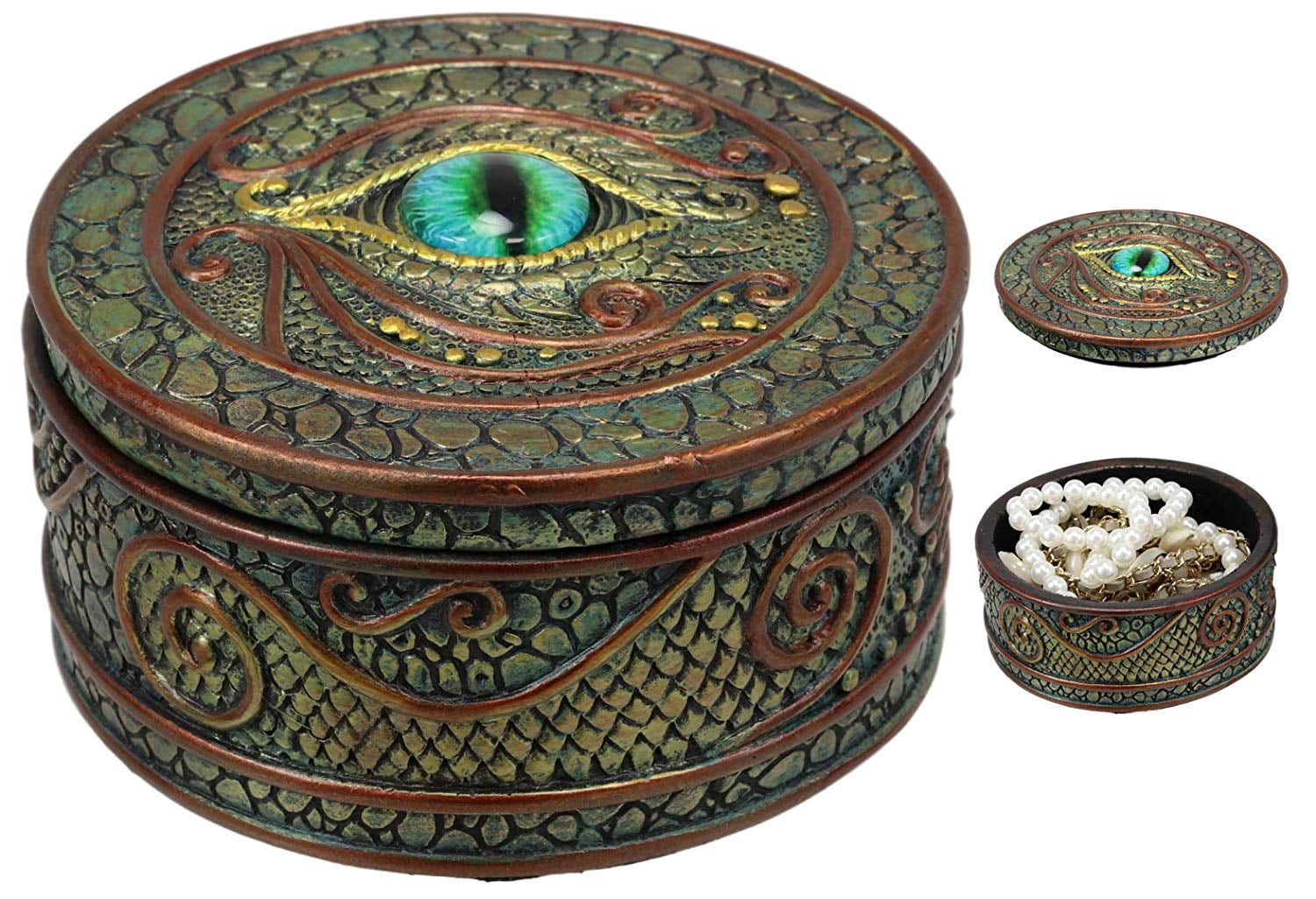 Eye Of The Dragon And Scales Decorative Round Trinket Jewelry Box Figurine 4"Dia