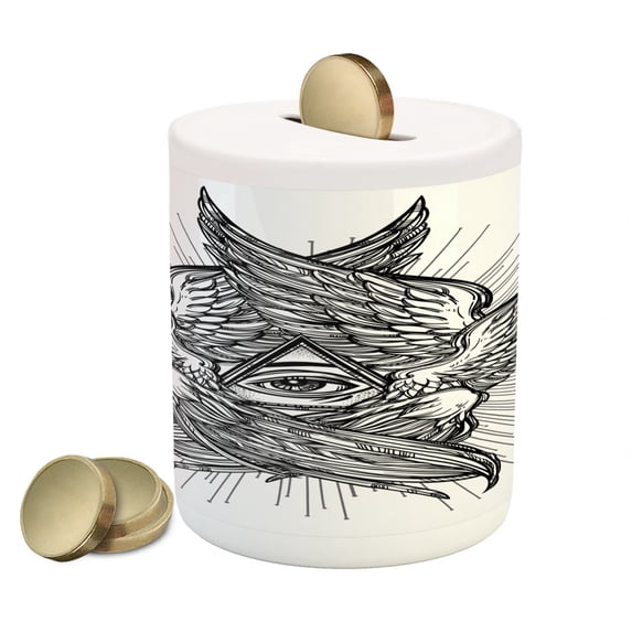 Eye Piggy Bank, All Seeing Eye of Providence Hand Drawn Vintage Style Winged Angel Seraphim Inspired, Ceramic Coin Bank Money Box for Cash Saving, 3.6" X 3.2", Black White, by Ambesonne