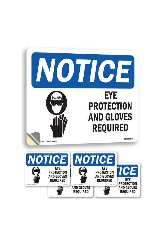 Eye Protection & Gloves Required With Symbol OSHA Notice Vinyl Decal Label 5 Inch x 3.5 Inch - 5 Pack