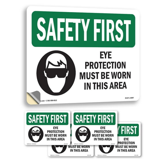 Eye Protection Must Be Worn With Symbol OSHA SAFETY FIRST Vinyl Decal Label 5 Inch x 3.5 Inch - 5 Pack
