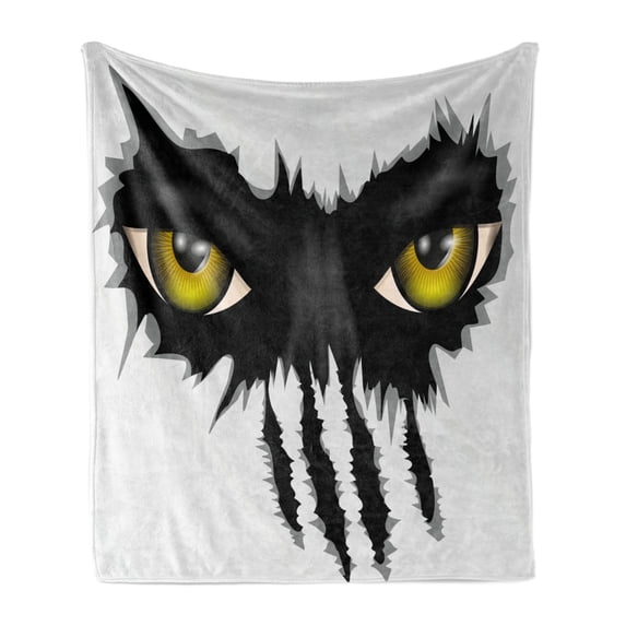 Eye Soft Flannel Fleece Blanket, Evil Eyes of Wild Black Cat Staring Face Werewolf Animal Monster Scratch Danger, Cozy Plush for Indoor and Outdoor Use, 50" x 60", Yellow Black Grey, by Ambesonne