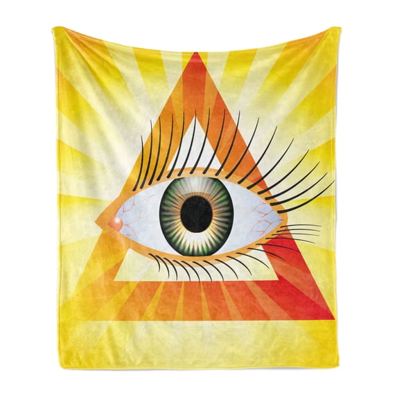 Eye Soft Flannel Fleece Blanket, Powerful Sight of All Seeing Eye Displayed in a Triangle with Yellow Sun Rays, Cozy Plush for Indoor and Outdoor Use, 50" x 70", Yellow Orange Green, by Ambesonne