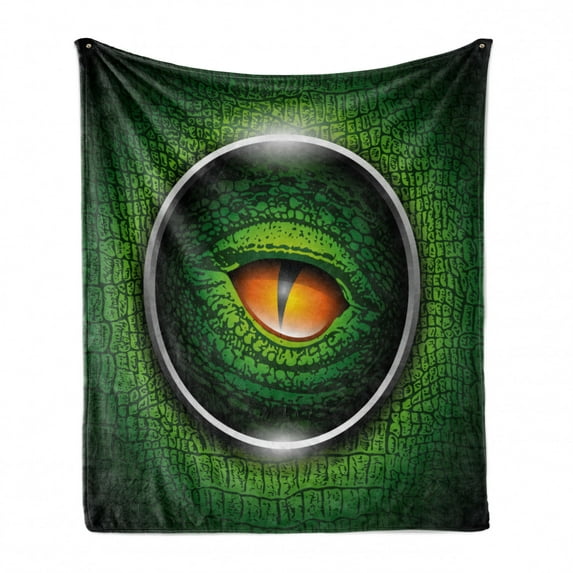 Eye Soft Flannel Fleece Blanket, Vibrant Realistic Eye of Reptile Animal Natural Wildlife Scales Crocodile Look, Cozy Plush for Indoor and Outdoor Use, 50" x 60", Green Orange Grey, by Ambesonne