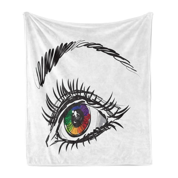 Eye Soft Flannel Fleece Throw Blanket, Eyeball of a Female in Many Colors Looking Elsewhere with Digital Sketch Art Style, Cozy Plush for Indoor and Outdoor Use, 50" x 70", Multicolor, by Ambesonne