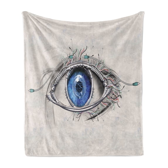 Eye Soft Flannel Fleece Throw Blanket, Futuristic Style a Mechanic Sight in Direct Eye Contact Science and Engineering, Cozy Plush for Indoor and Outdoor Use, 70" x 90", Beige Navy Blue, by Ambesonne