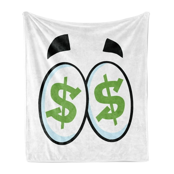 Eye Soft Flannel Fleece Throw Blanket, Green Dollar Signs in Big Cartoon Eyes Greed for Money Penny Pincher, Cozy Plush for Indoor and Outdoor Use, 50" x 70", Lime Green Pale Blue, by Ambesonne