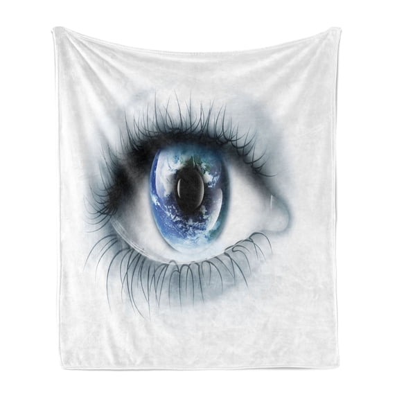 Eye Soft Flannel Fleece Throw Blanket, Planet Earth Reflected in Vivid Eye Universe Global Unity Imagination Future, Cozy Plush for Indoor and Outdoor Use, 70" x 90", Black White Blue, by Ambesonne