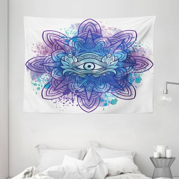 Eye Tapestry, Third Eye with Hand Drawn Mandala Vivid Colors Aura Inner Peace Awareness Chakra, Wall Hanging for Bedroom Living Room Dorm Decor, 80W X 60L Inches, Aqua Blue Purple, by Ambesonne