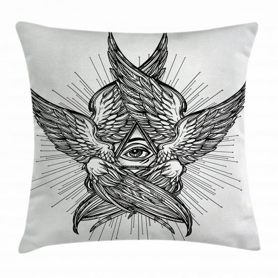 Eye Throw Pillow Cushion Cover, All Seeing Eye of Providence Hand Drawn Vintage Style Winged Angel Seraphim Inspired, Decorative Square Accent Pillow Case, 18 X 18 Inches, Black White, by Ambesonne