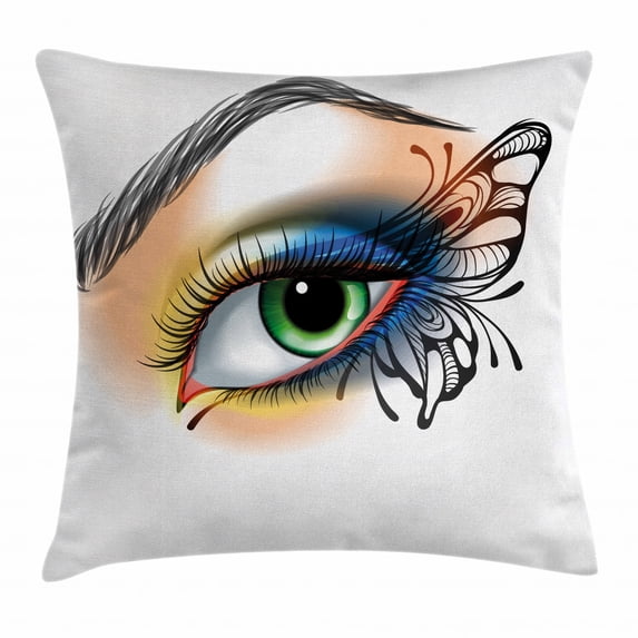 Eye Throw Pillow Cushion Cover, Fantasy Woman's Eye Make Up Butterfly Wing Vibrant Colors Eyelashes Female Looking, Decorative Square Accent Pillow Case, 24 X 24 Inches, Multicolor, by Ambesonne