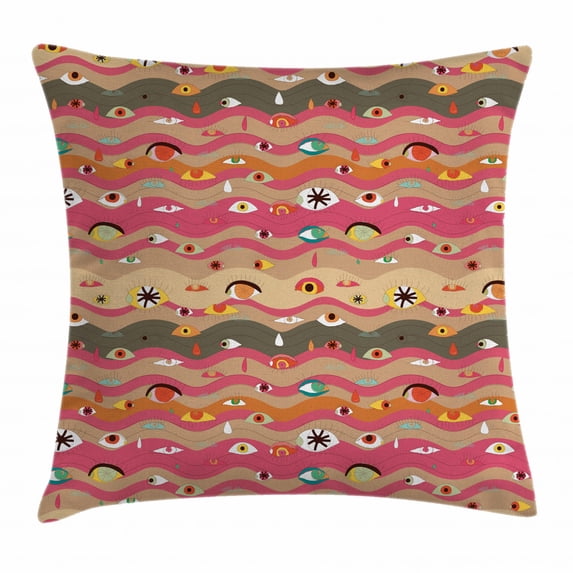 Eye Throw Pillow Cushion Cover, Psychedelic Groovy Abstract Composition with Various Eyes Wavy Color Lines Hippie Art, Decorative Square Accent Pillow Case, 20 X 20 Inches, Multicolor, by Ambesonne