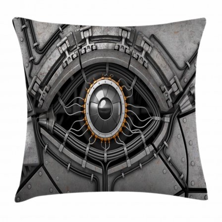 Eye Throw Pillow Cushion Cover, Robot Eye with Wires Futuristic Technology Cyborg Mechanical Industrial Fantastic, Decorative Square Accent Pillow Case, 18 X 18 Inches, Grey Black Gold, by Ambesonne