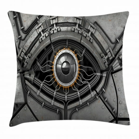 Eye Throw Pillow Cushion Cover, Robot Eye with Wires Futuristic Technology Cyborg Mechanical Industrial Fantastic, Decorative Square Accent Pillow Case, 18 X 18 Inches, Grey Black Gold, by Ambesonne