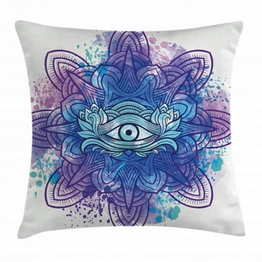 Eye Throw Pillow Cushion Cover, Third Eye with Hand Drawn Mandala Vivid Colors Aura Inner Peace Awareness Chakra, Decorative Square Accent Pillow Case, 24 X 24 Inches, Aqua Blue Purple, by Ambesonne