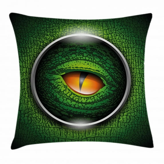 Eye Throw Pillow Cushion Cover, Vibrant Realistic Eye of Reptile Animal Natural Wildlife Scales Crocodile Look, Decorative Square Accent Pillow Case, 16 X 16 Inches, Green Orange Grey, by Ambesonne