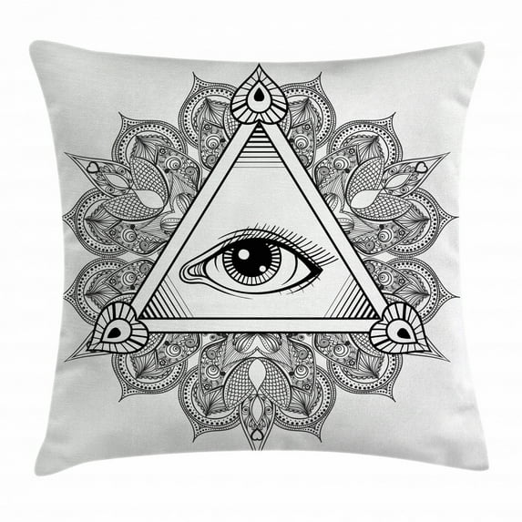 Eye Throw Pillow Cushion Cover, Vintage All Seeing Eye Tattoo Symbol with Boho Mandala Providence Spirit Occultism, Decorative Square Accent Pillow Case, 16 X 16 Inches, Black White, by Ambesonne