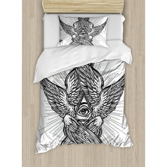 Eye Twin Size Duvet Cover Set, All Seeing Eye of Providence Hand Drawn Vintage Style Winged Angel Seraphim Inspired, Decorative 2 Piece Bedding Set with 1 Pillow Sham, Black White, by Ambesonne
