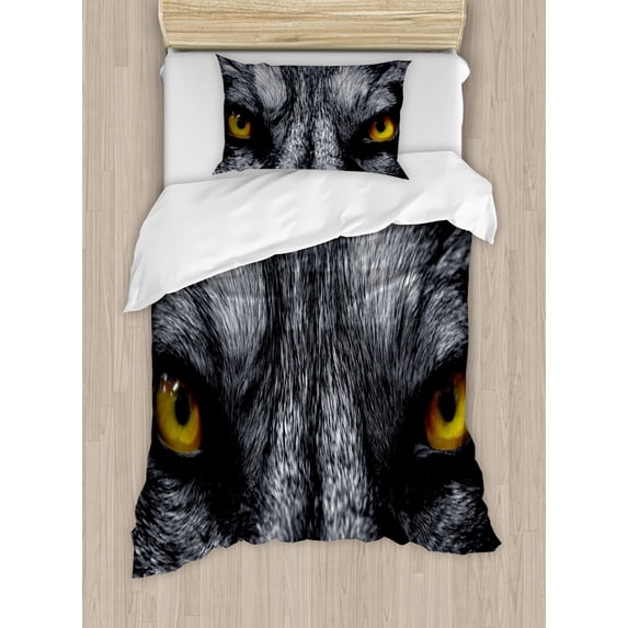 Eye Twin Size Duvet Cover Set, Dangerous Mammal Eyes of Wild Wolf Aggressive Predator Carnivore Image Print, Decorative 2 Piece Bedding Set with 1 Pillow Sham, Black White Yellow, by Ambesonne
